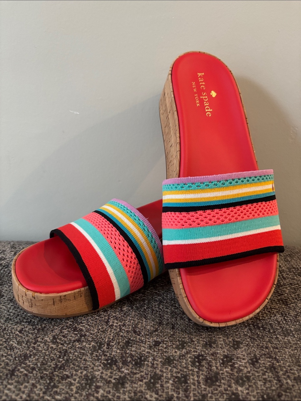 Kate Spade Breeze Multi Stripe Cork Platform Wedge Slide Sandals Sz 9